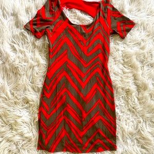 Red and grey body con midi dress with open back